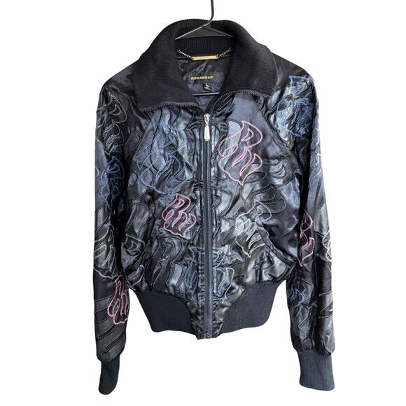 Vtg Y2K 90s Rocawear Bomber Jacket L Womens Black Embroidered Faux Leather - Picture 1 of 10
